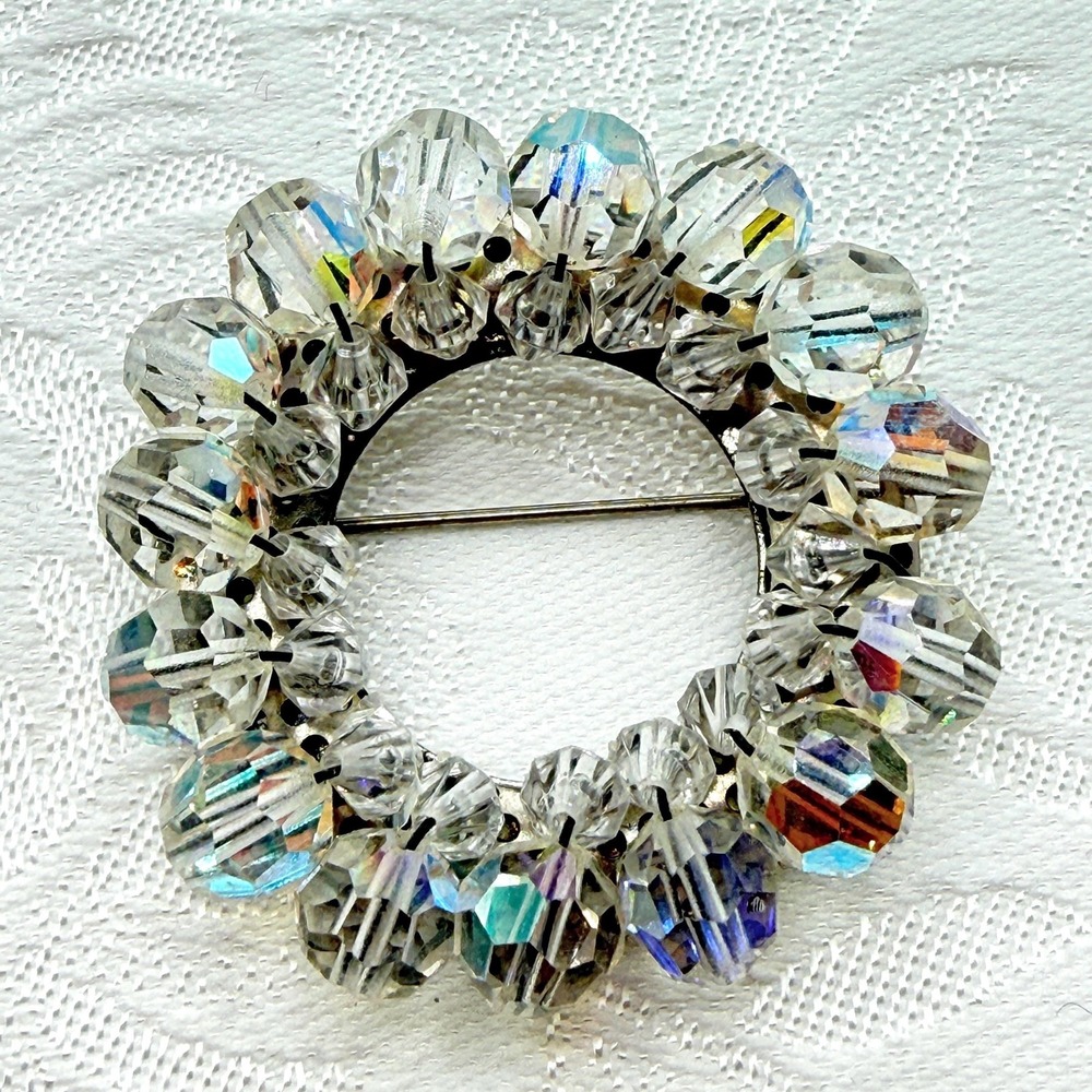 Vintage 1950s Round Aurora Borealis AB Beaded Silver Tone Brooch